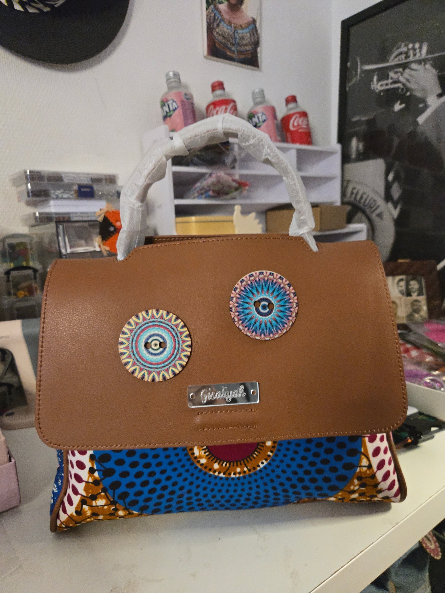 sac a main pour femme cuir marron et pagne multicolor