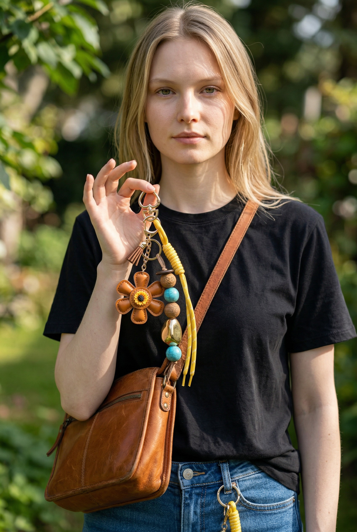 Bijoux pour sac ou Portes clé Fleur de cuir • Perles turquoise & bois • Pompon jaune