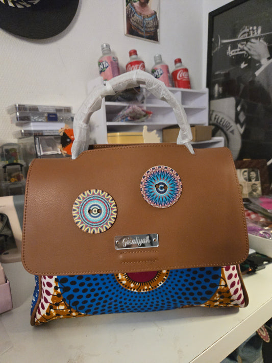 sac a main pour femme cuir marron et pagne multicolor