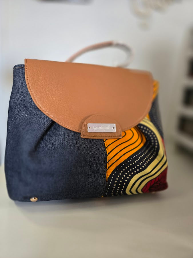 Sac en pagne et jean avec rabat en cuir