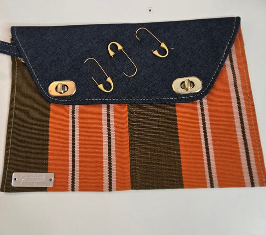 Pochette en tissu tissé orange et jean style cartable